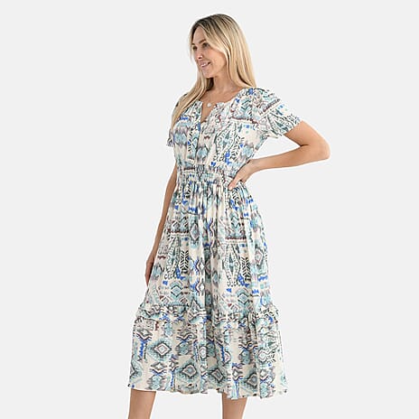 - Maisi Womens Viscose Tribal Pattern Tiered Summer Midi Dress (Size L) - White - Green