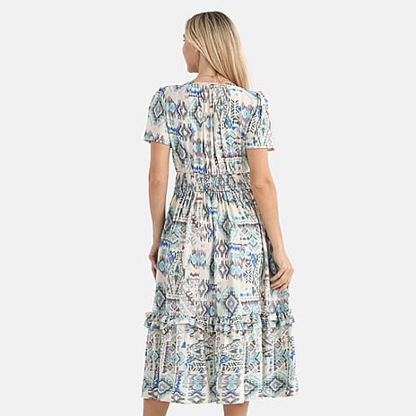 - Maisi Womens Viscose Tribal Pattern Tiered Summer Midi Dress (Size XL) - White - Green