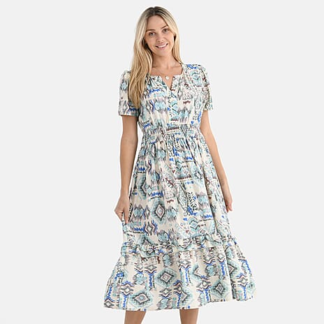 - Maisi Womens Viscose Tribal Pattern Tiered Summer Midi Dress (Size XL) - White - Green