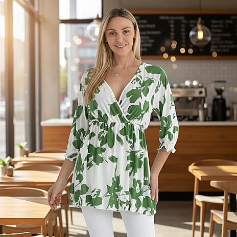 Tamsy Floral Print Smocked Waist V-Neck Top (One Size) - Green