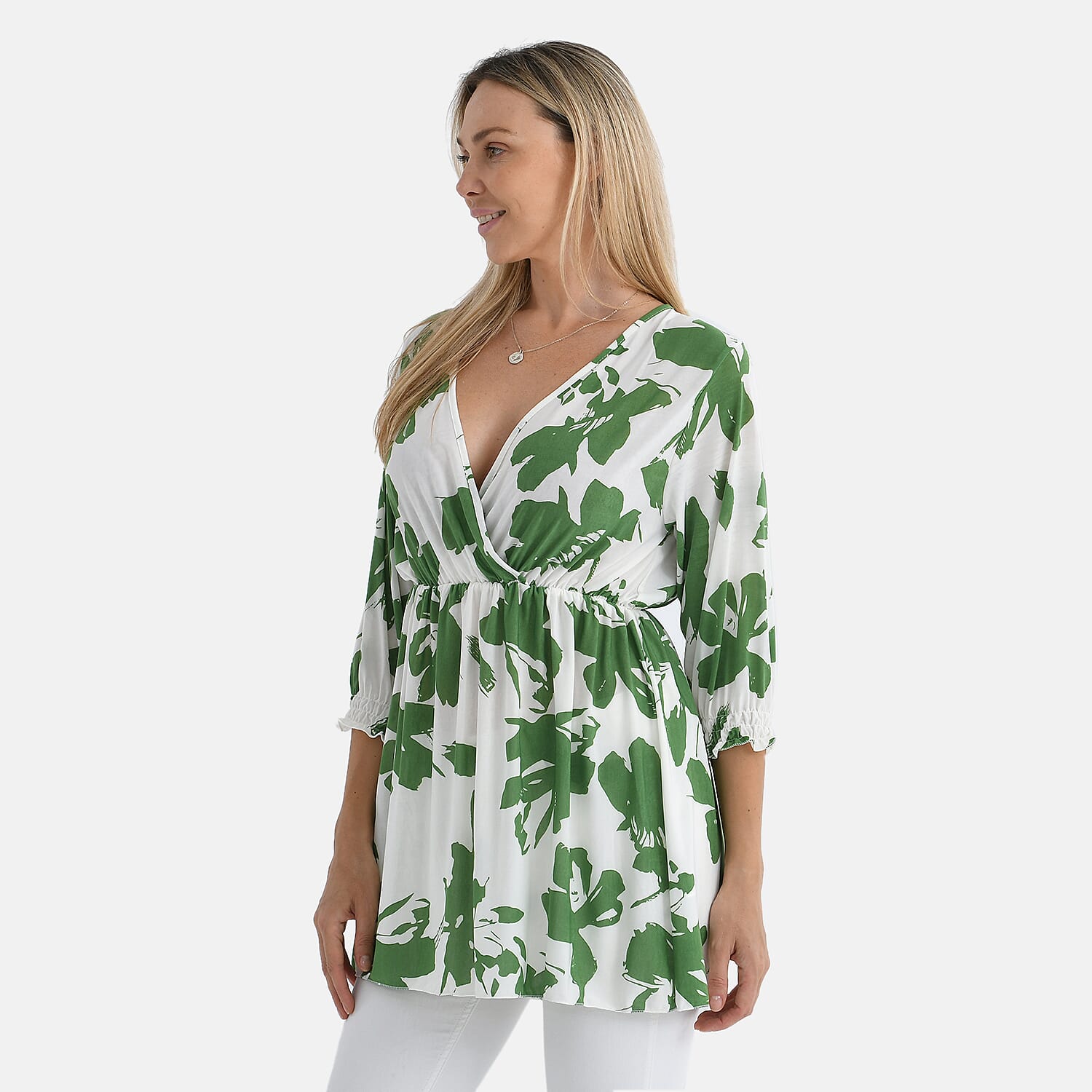 Tamsy Floral Print Smocked Waist V-Neck Top (One Size) - Green