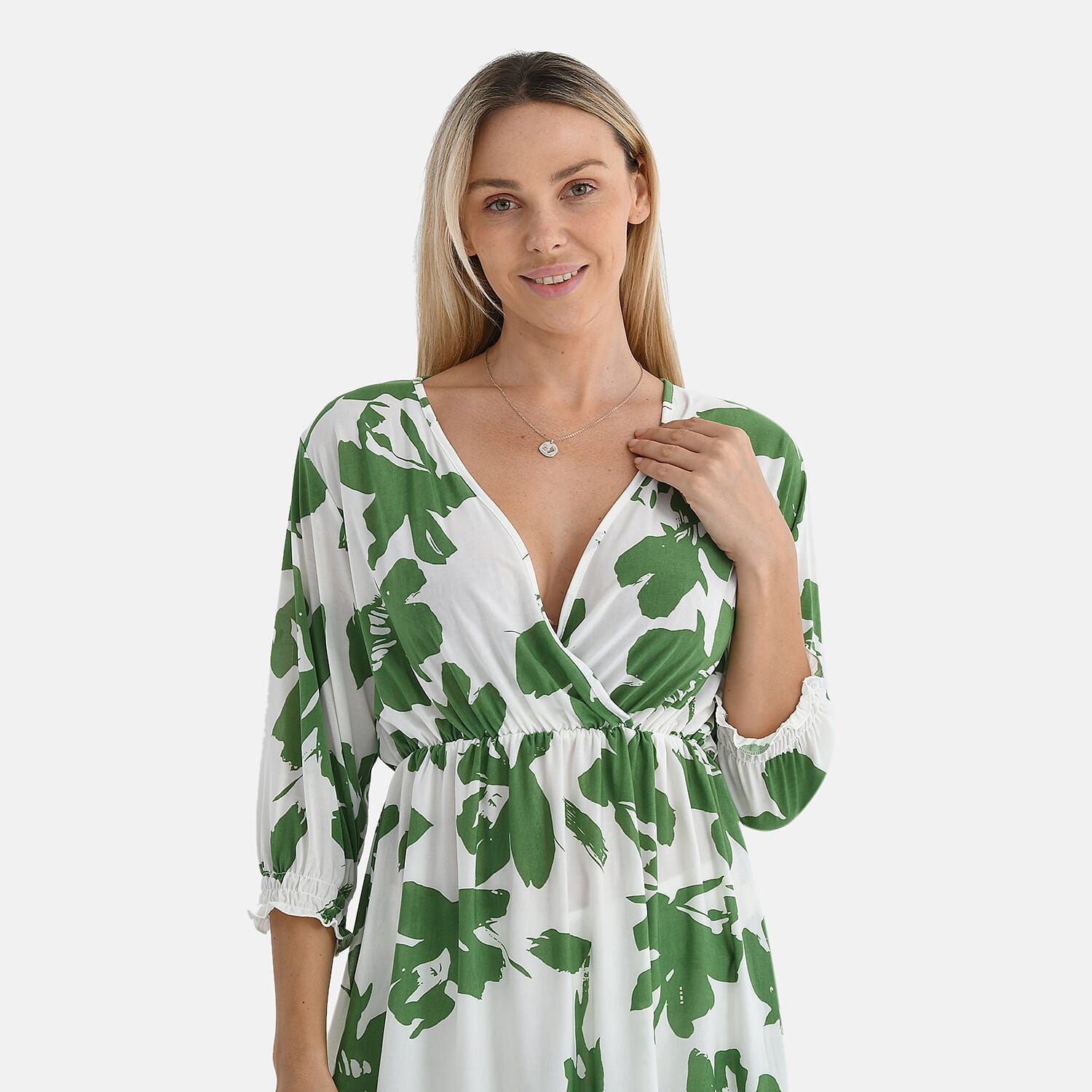 Tamsy Floral Print Smocked Waist V-Neck Top (One Size) - Green