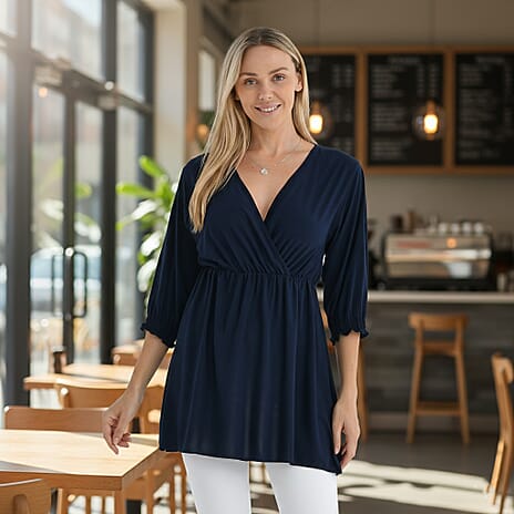 Tamsy Flowy Smocked Waist V-Neck Top (One Size) - Dark Blue