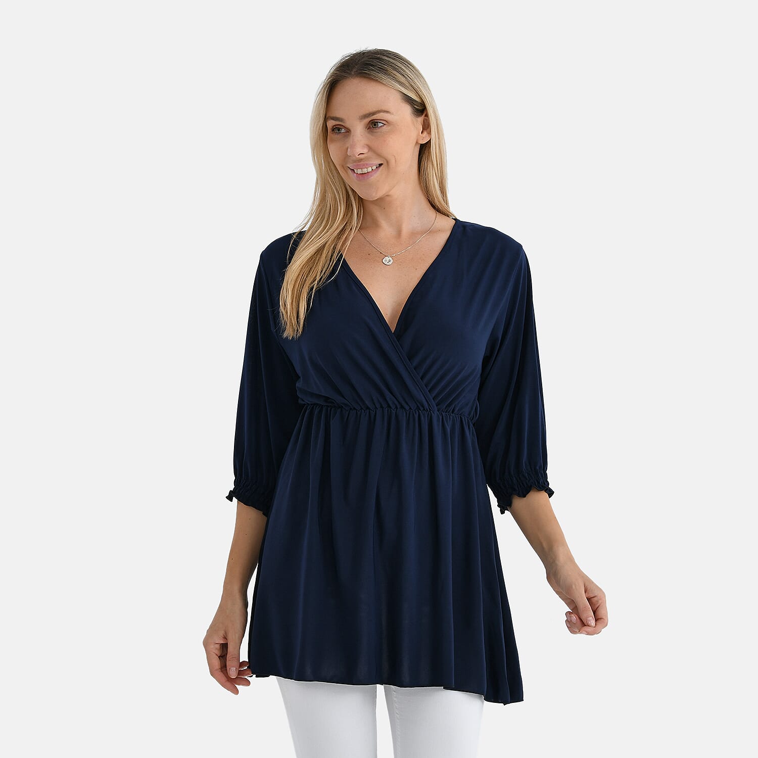 Tamsy Flowy Smocked Waist V-Neck Top (One Size) - Dark Blue