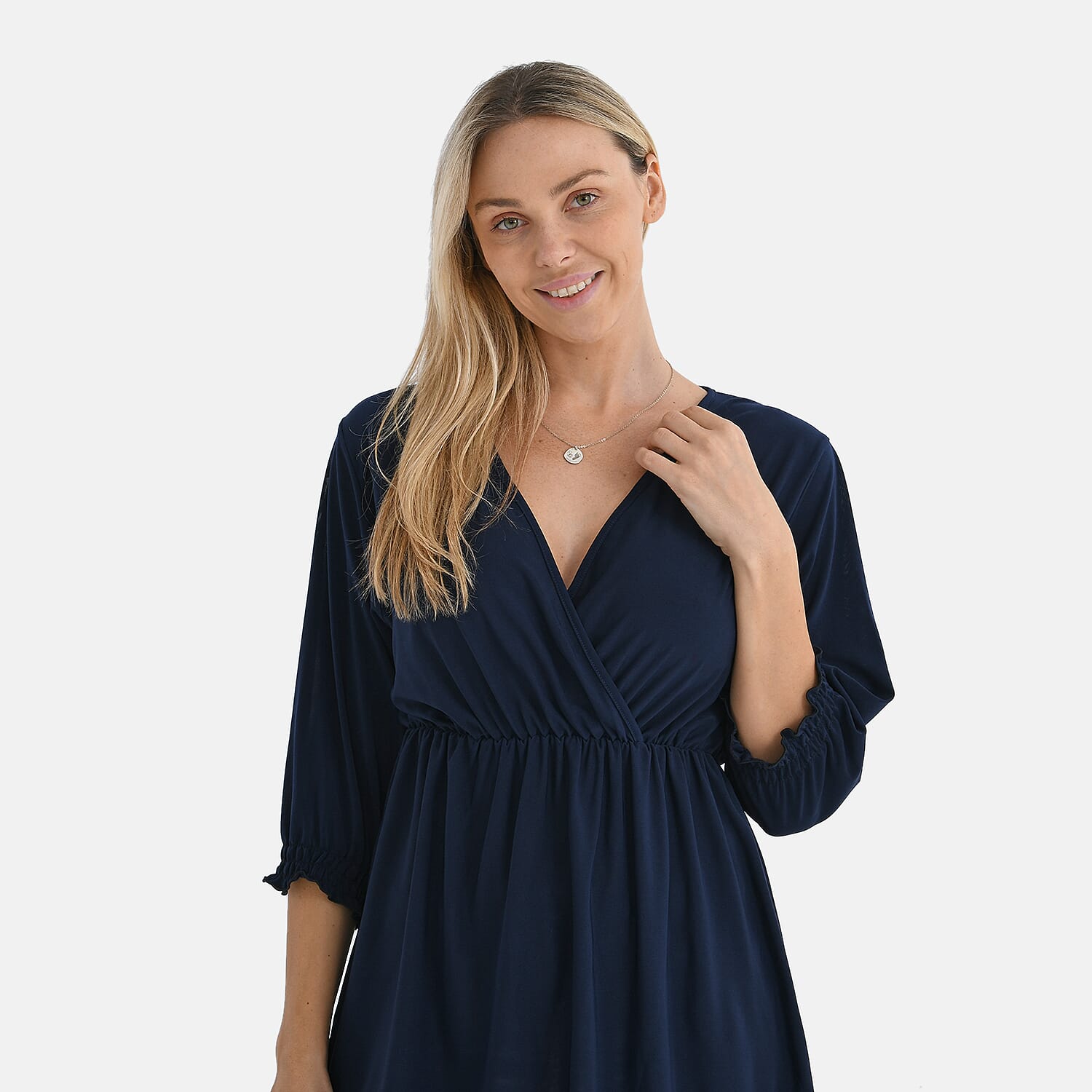 Tamsy Flowy Smocked Waist V-Neck Top (One Size) - Dark Blue