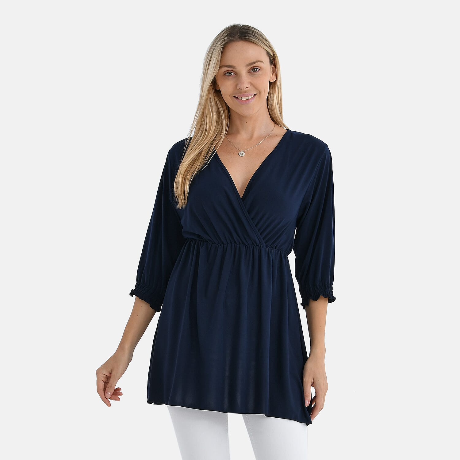 Tamsy Flowy Smocked Waist V-Neck Top (One Size) - Dark Blue