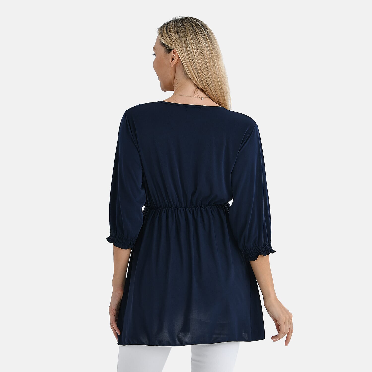 Tamsy Flowy Smocked Waist V-Neck Top (One Size) - Dark Blue