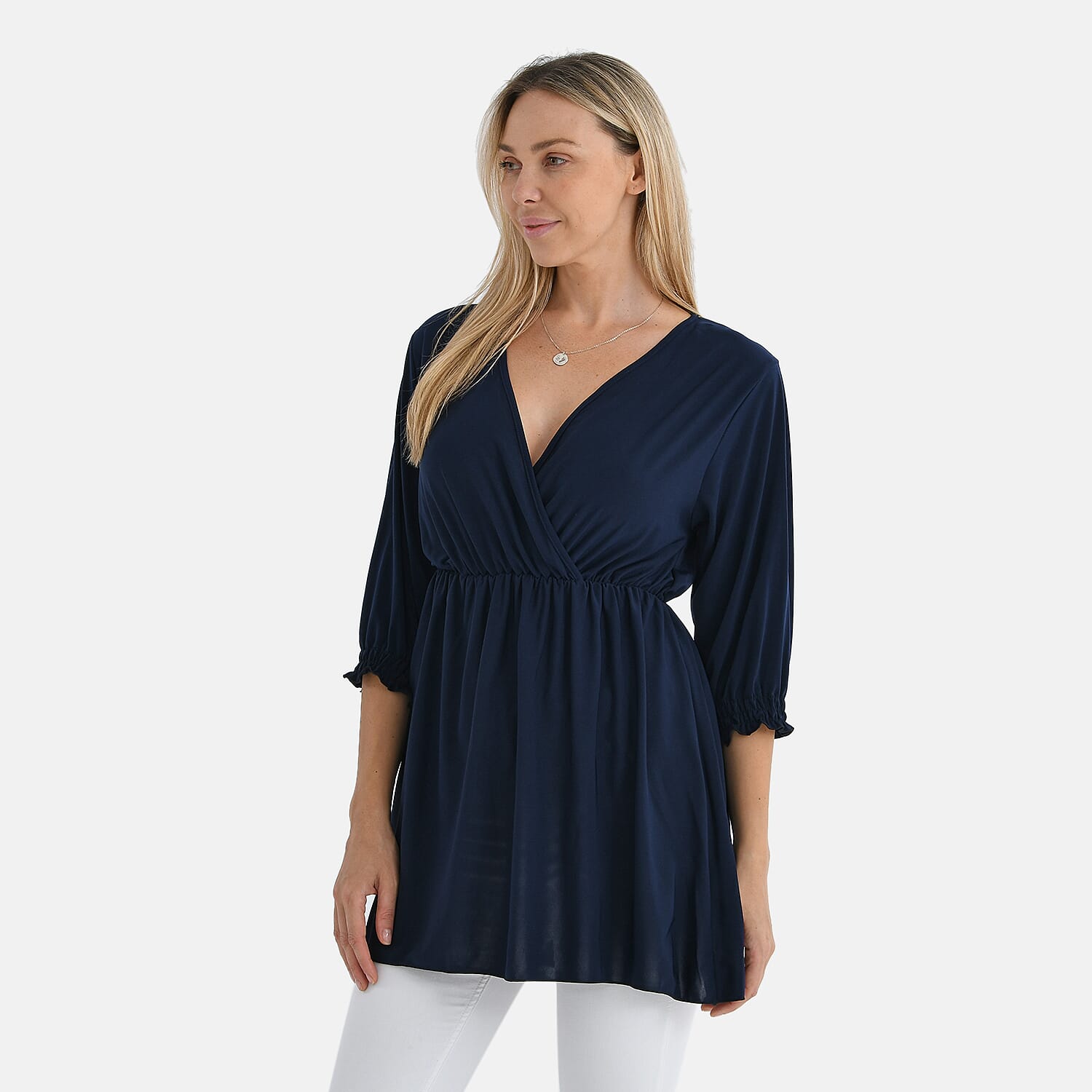 Tamsy Flowy Smocked Waist V-Neck Top (One Size) - Dark Blue