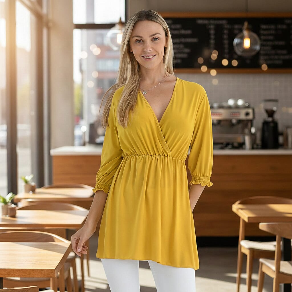 Tamsy Flowy Smocked Waist V-Neck Top (One Size) - Yellow
