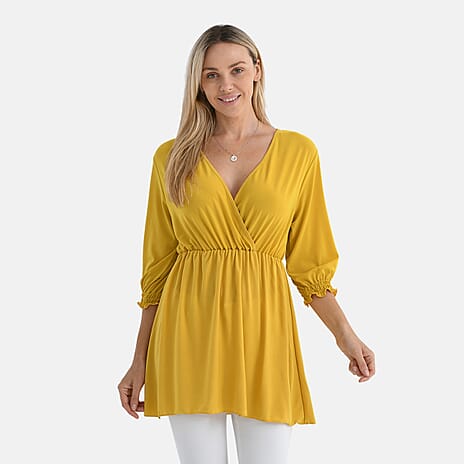 Tamsy Flowy Smocked Waist V-Neck Top (One Size) - Yellow