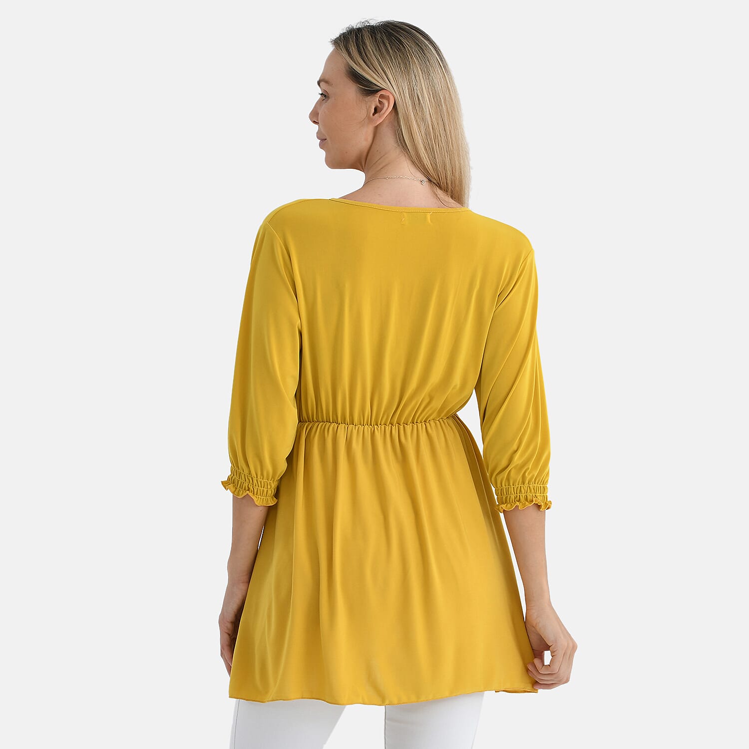 Tamsy Flowy Smocked Waist V-Neck Top (One Size) - Yellow Tamsy Flowy Smocked Waist V-Neck Top (One Size) - Yellow