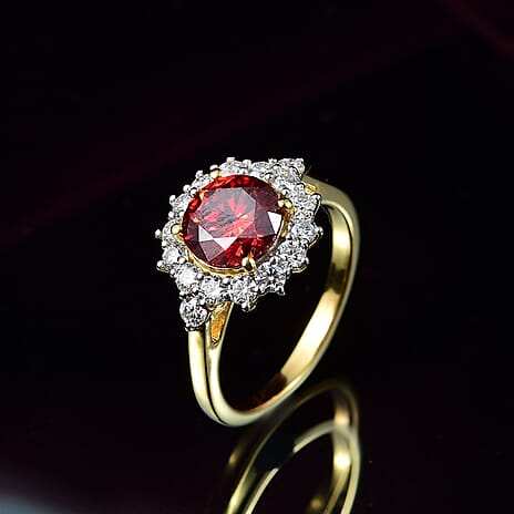 Premium Red Moissanite Solitaire and White Moissanite Ring in 18K Vermeil Yellow Gold Plated Sterling Silver 2.24 Ct.