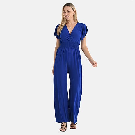 Tamsy Smocked Waist Stretch Jersey Wide Leg Jumpsuit (Size XL) - Blue