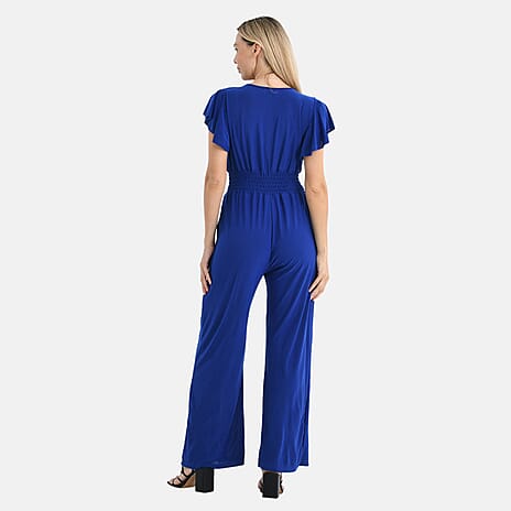 Tamsy Smocked Waist Stretch Jersey Wide Leg Jumpsuit (Size XL) - Blue