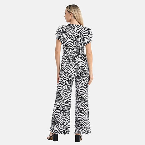 Tamsy Zebra Print Smocked Waist Stretch Jersey Wide Leg Jumpsuit (Size M) - Black