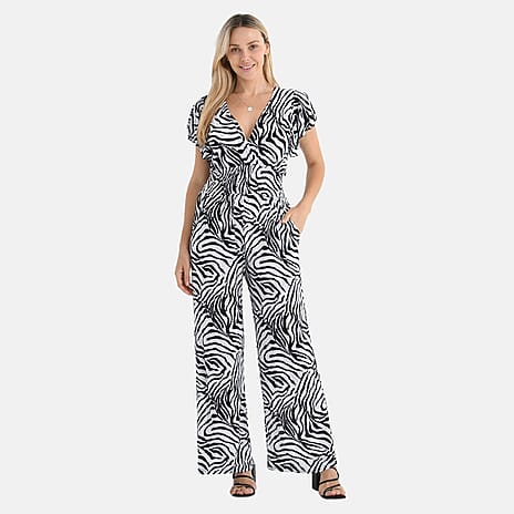Tamsy Zebra Print Smocked Waist Stretch Jersey Wide Leg Jumpsuit (Size L) - Black