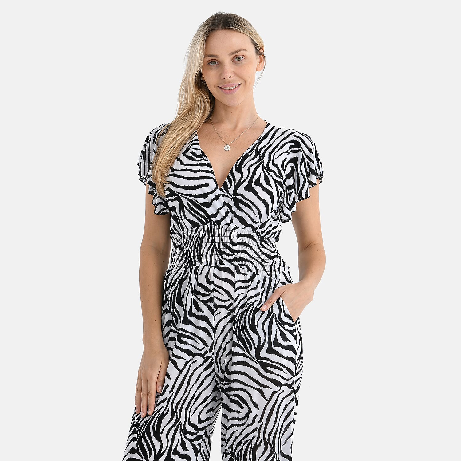 Tamsy Zebra Print Smocked Waist Stretch Jersey Wide Leg Jumpsuit (Size L) - Black Tamsy Zebra Print Smocked Waist Stretch Jersey Wide Leg Jumpsuit (Size L) - Black