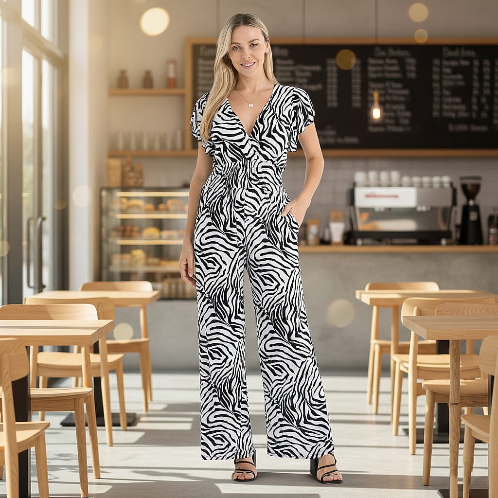 Tamsy Zebra Print Smocked Waist Stretch Jersey Wide Leg Jumpsuit (Size L) - Black