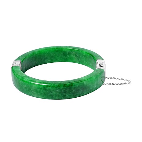 Green Jade Bangle (Size - 7.5) in Rhodium Overlay Sterling Silver 240.00 Ct, Silver wt. 8.00 Gms.