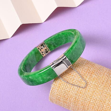 Green Jade Bangle (Size - 7.5) in Rhodium Overlay Sterling Silver 240.00 Ct, Silver wt. 8.00 Gms.