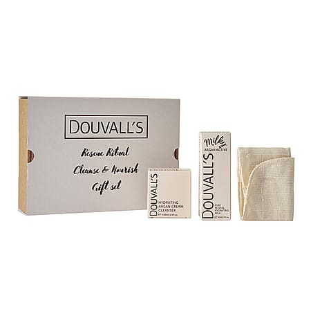 Douvall's Cleanser Gift Set with Argan Cream Cleanser, Moisturiser and Muslin Cloth
