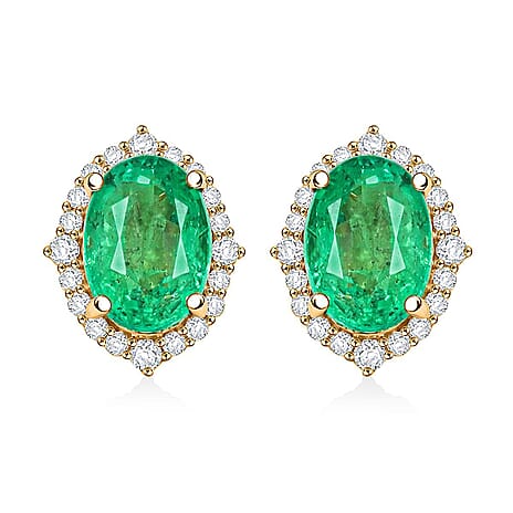 Luxoro 14K Yellow Gold AAA Zambian Emerald, White Diamond I2 Earring, Gold Wt.1.76 Gms  1.750  Ct.