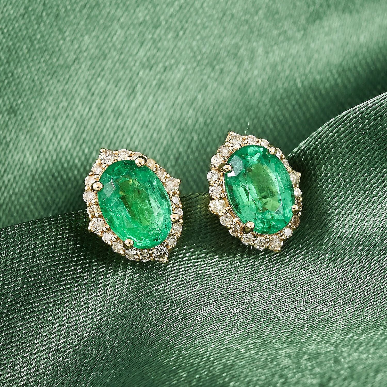 Luxoro 14K Yellow Gold AAA Zambian Emerald, White Diamond I2 Earring, Gold Wt.1.76 Gms  1.750  Ct.