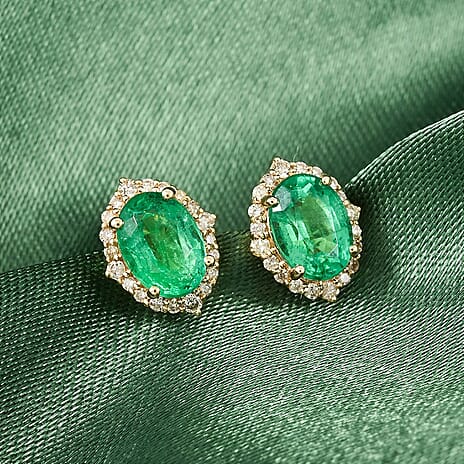 Luxoro 14K Yellow Gold AAA Zambian Emerald, White Diamond I2 Earring, Gold Wt.1.76 Gms  1.750  Ct.