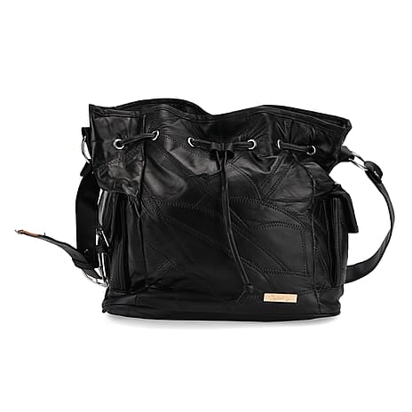 Designer Inspired - Styled by Patch Sheep Leather Bucket Bag with Drawstring - Black