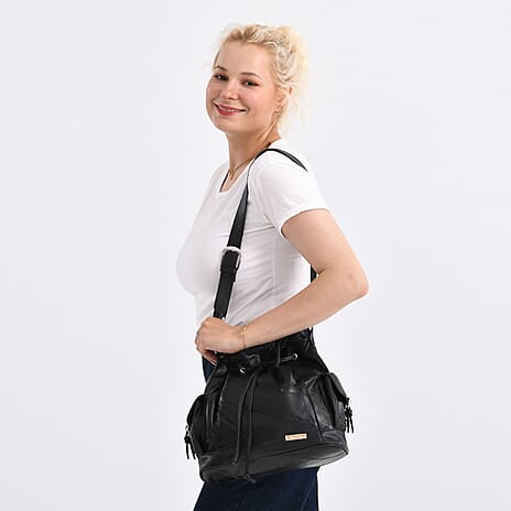 Designer Inspired - Styled by Patch Sheep Leather Bucket Bag with Drawstring - Black