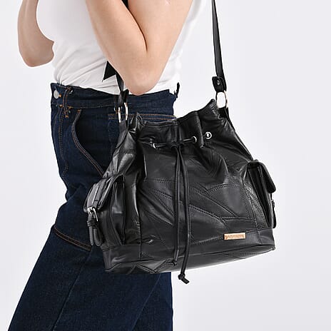 Designer Inspired - Styled by Patch Sheep Leather Bucket Bag with Drawstring - Black