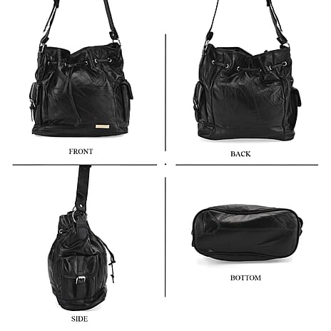 Designer Inspired - Styled by Patch Sheep Leather Bucket Bag with Drawstring - Black