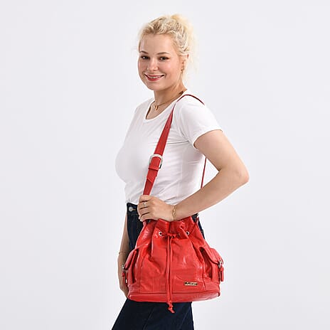 Styled by Patch Sheep Leather Bucket Bag with Drawstring - Red