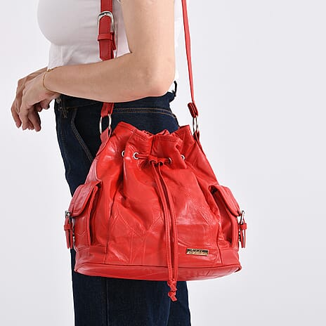 Styled by Patch Sheep Leather Bucket Bag with Drawstring - Red