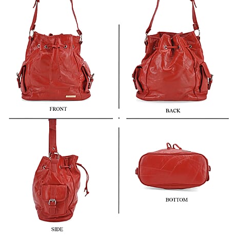 Styled by Patch Sheep Leather Bucket Bag with Drawstring - Red