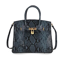 Genuine Leather Snakeskin Pattern Crossbody Bag with Top Handle - Blue