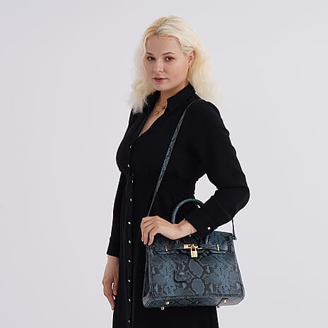 Genuine Leather Snakeskin Pattern Crossbody Bag with Top Handle - Blue