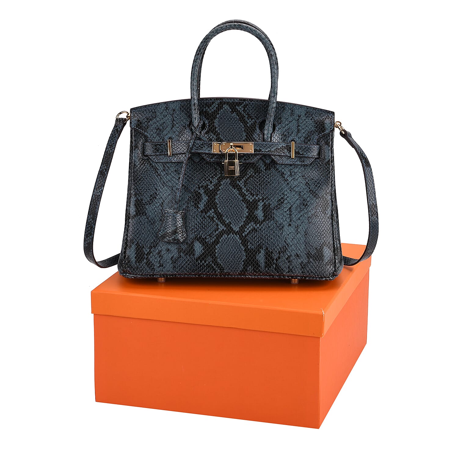 Genuine Leather Snakeskin Pattern Crossbody Bag with Top Handle - Blue Genuine Leather Snakeskin Pattern Crossbody Bag with Top Handle - Blue