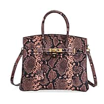 Genuine Leather Snakeskin Pattern Crossbody Bag with Top Handle - Pink and Black
