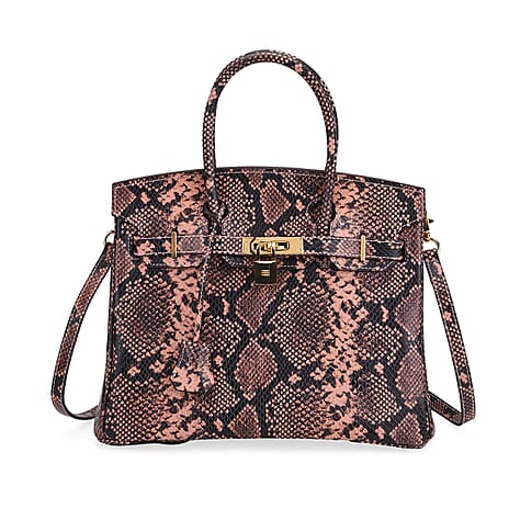 Genuine Leather Snakeskin Pattern Crossbody Bag with Top Handle - Pink & Black