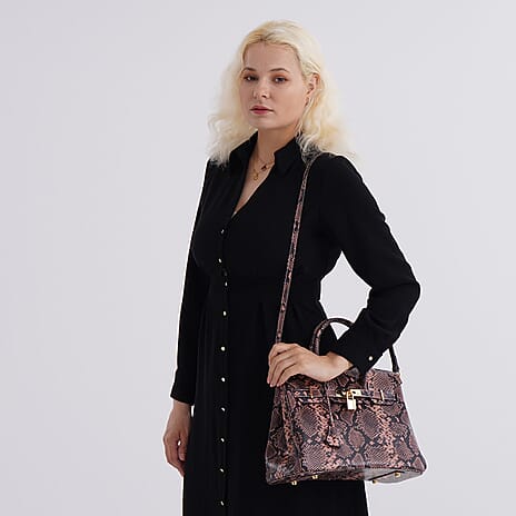 Genuine Leather Snakeskin Pattern Crossbody Bag with Top Handle - Pink & Black