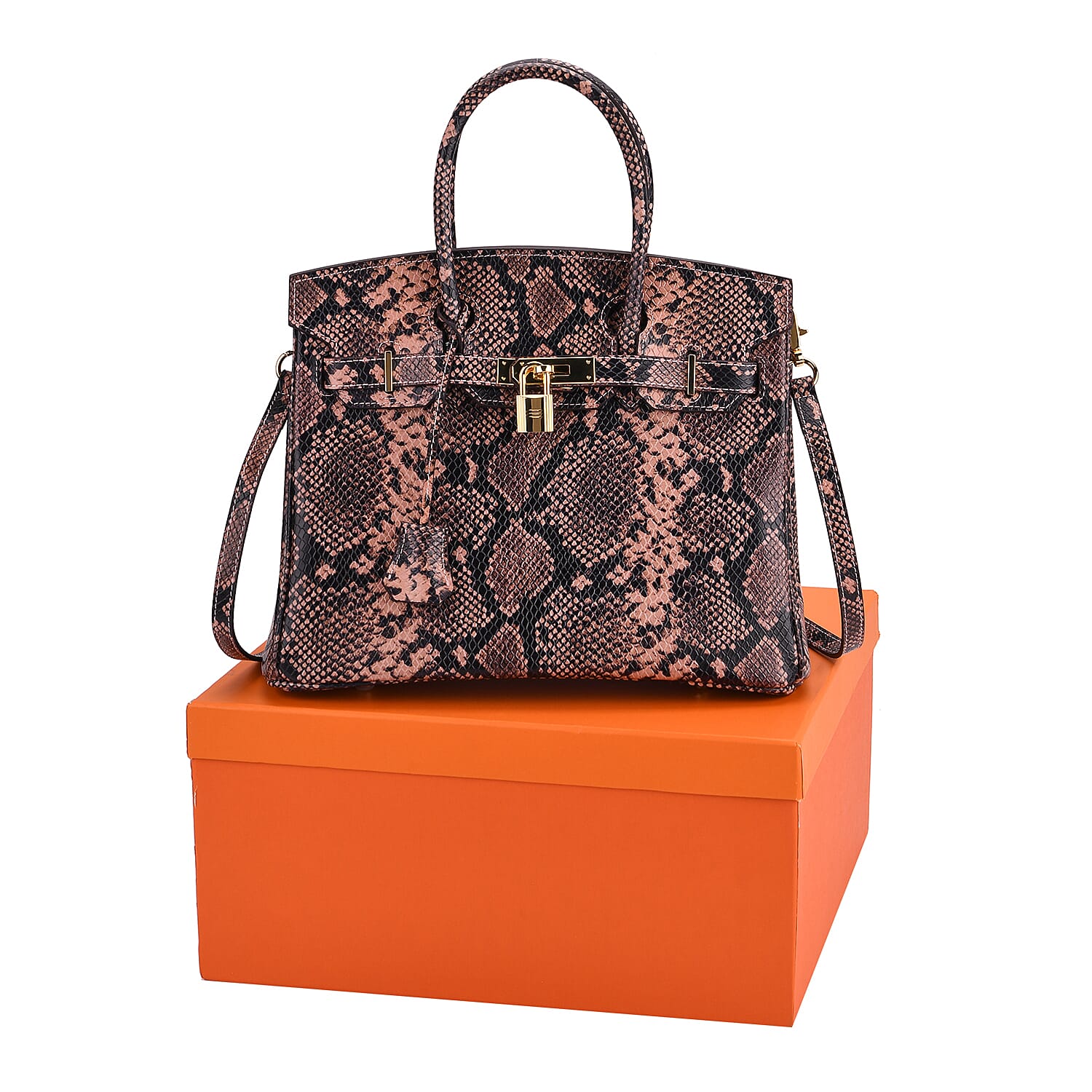 Genuine Leather Snakeskin Pattern Crossbody Bag with Top Handle - Pink & Black Genuine Leather Snakeskin Pattern Crossbody Bag with Top Handle - Pink & Black