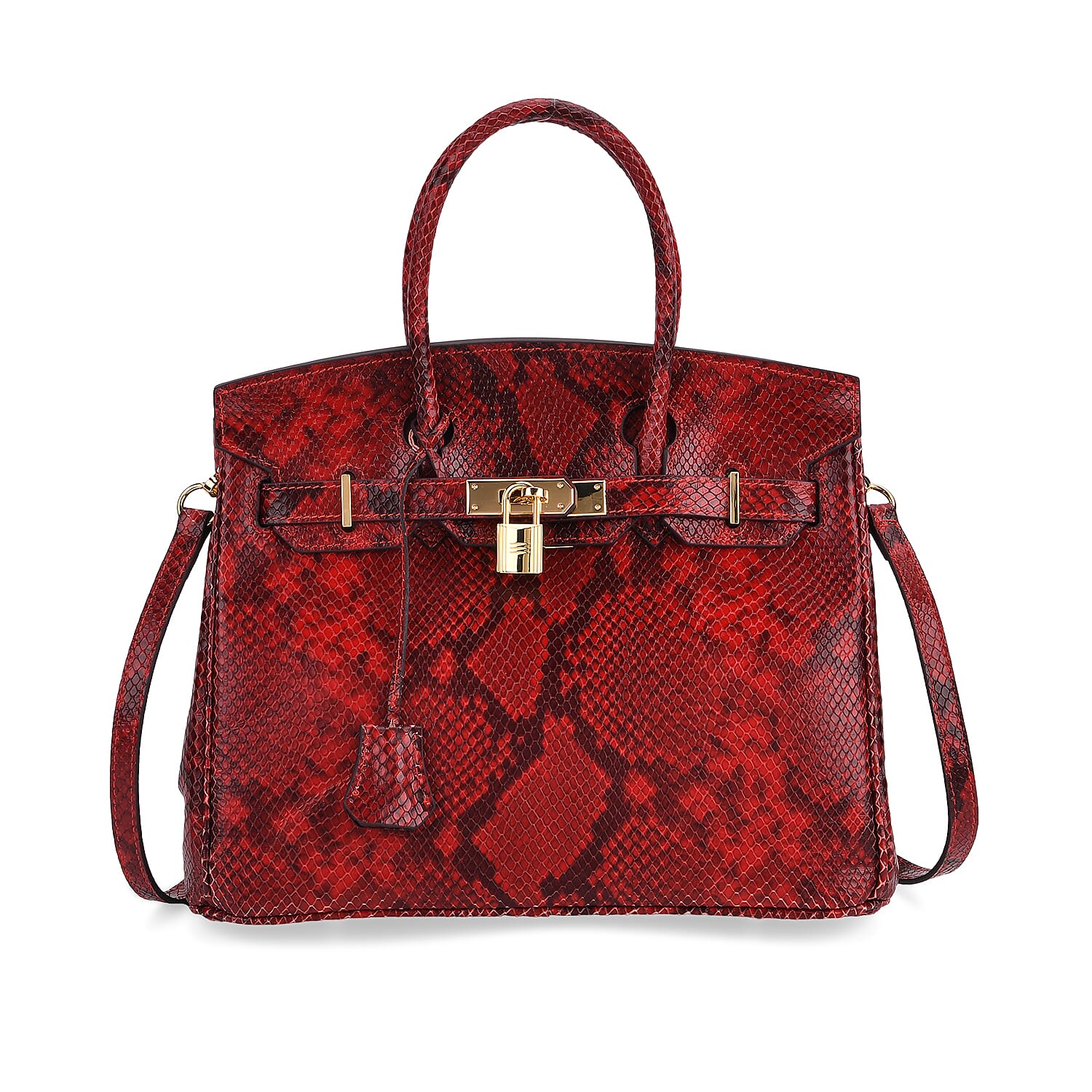 Genuine Leather Snakeskin Pattern Crossbody Bag with Top Handle  - Red