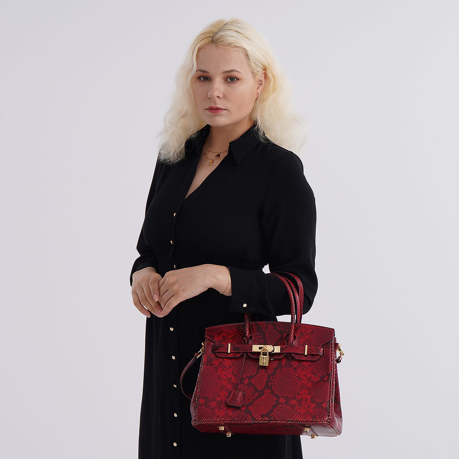 Genuine Leather Snakeskin Pattern Crossbody Bag with Top Handle  - Red