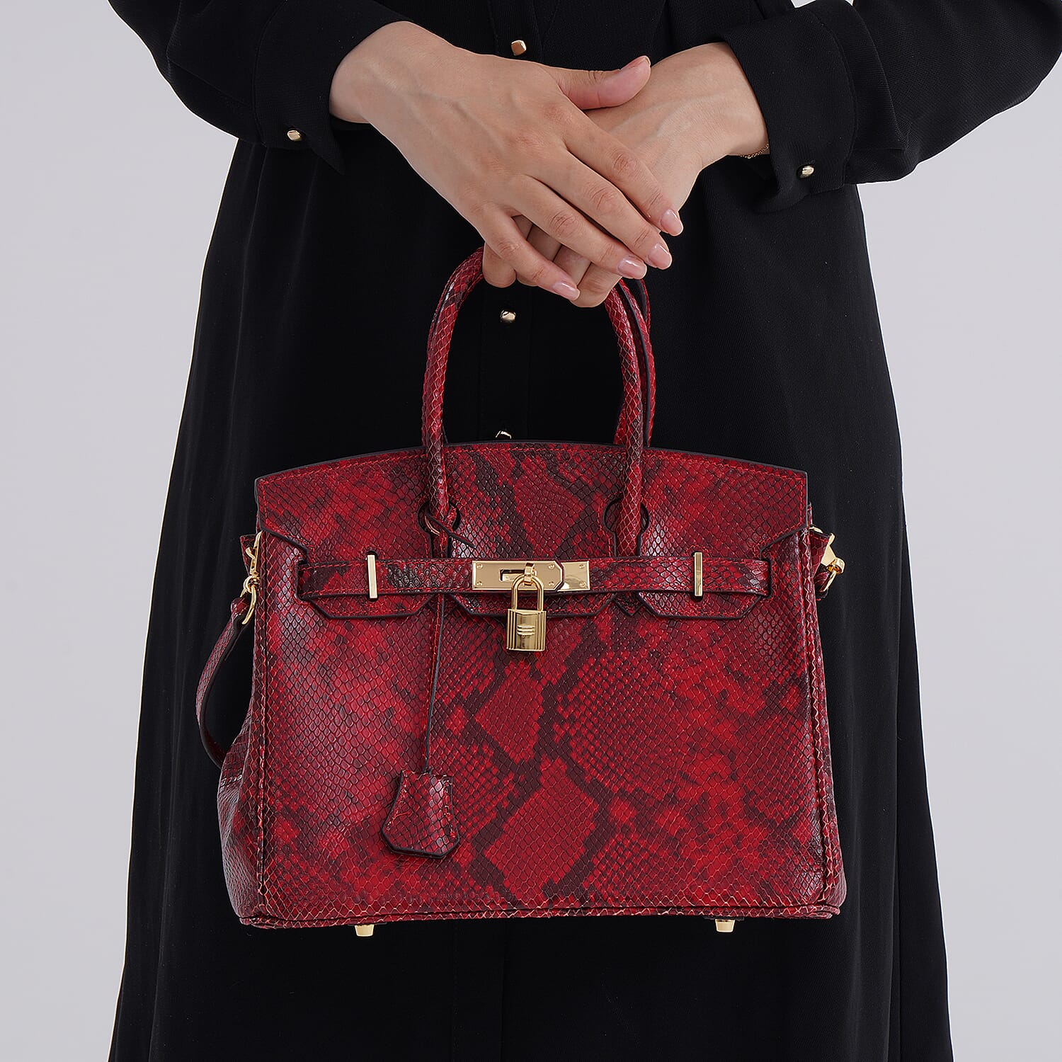 Genuine Leather Snakeskin Pattern Crossbody Bag with Top Handle  - Red