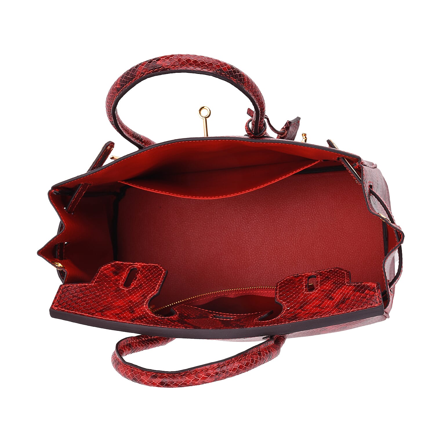 Genuine Leather Snakeskin Pattern Crossbody Bag with Top Handle  - Red