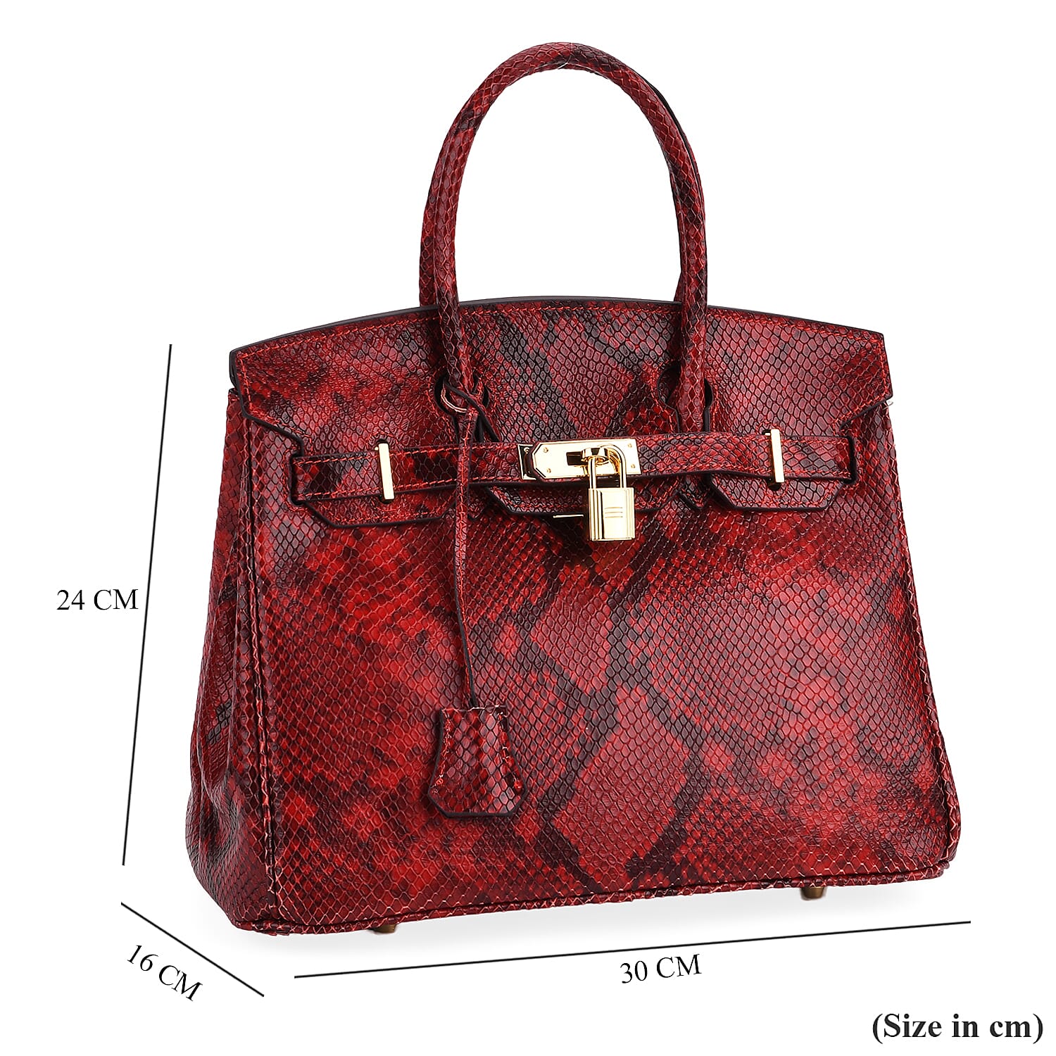 Genuine Leather Snakeskin Pattern Crossbody Bag with Top Handle  - Red