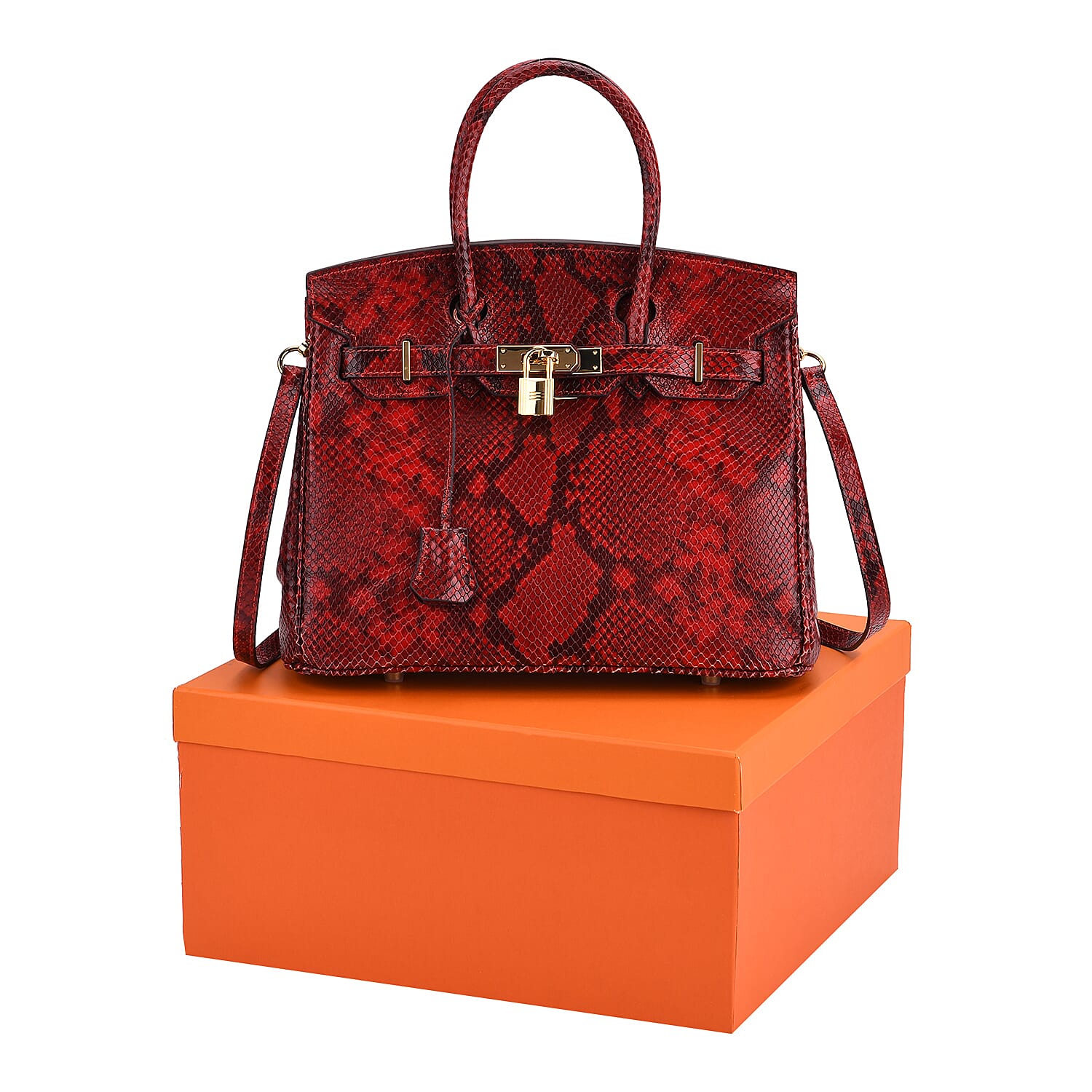 Genuine Leather Snakeskin Pattern Crossbody Bag with Top Handle  - Red