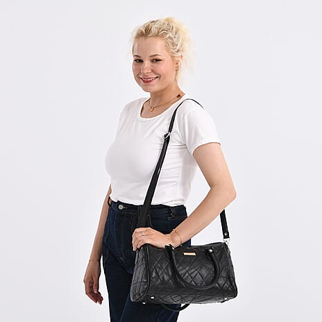 Styled by - 100% Genuine Leather Weekender Bag with Leaher Shoulder Strap - Black