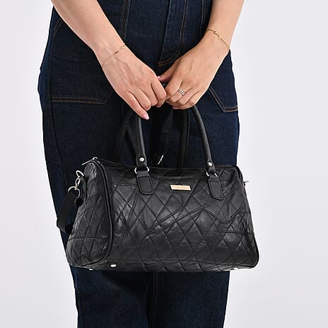 Styled by - 100% Genuine Leather Weekender Bag with Leaher Shoulder Strap - Black